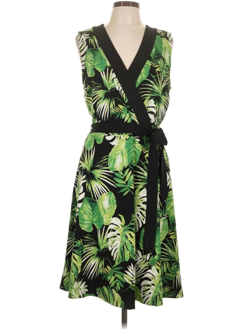 White House Black Market Black Midi Dress with Green Tropical Leaf Print